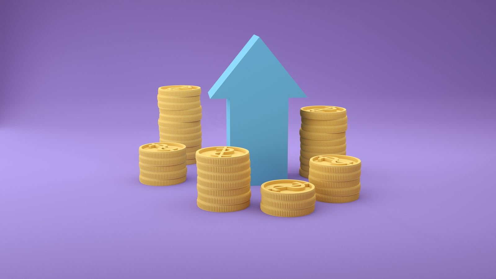 Stacks of coins with an upward arrow symbolizing dividend income growth over time